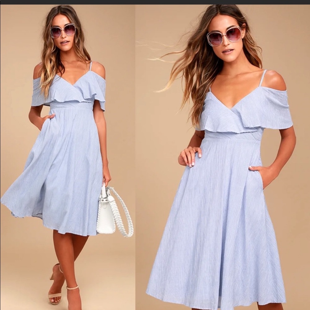 LULU’S striped Yacht Rock off-shoulder midi dress